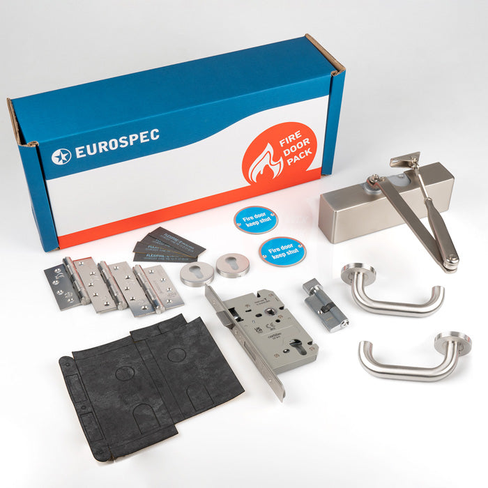 This image shows Eurospec - Commercial Fire Door Pack - Lever Lock - Silver - fdpc3 available from T.H. Wiggans Ironmongery in Kendal.