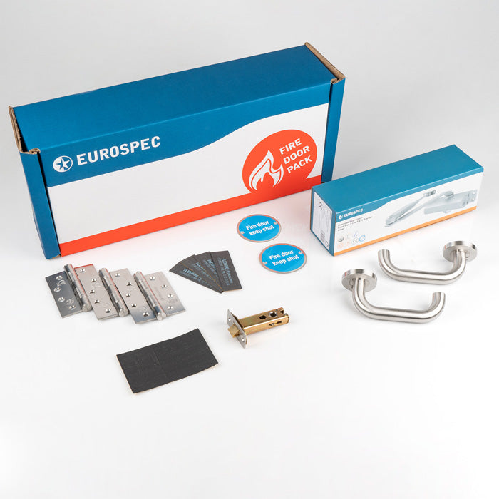 This image shows Eurospec - Residential Fire Door Pack - Lever Latch - Silver - fdpr4 available from T.H. Wiggans Ironmongery in Kendal.
