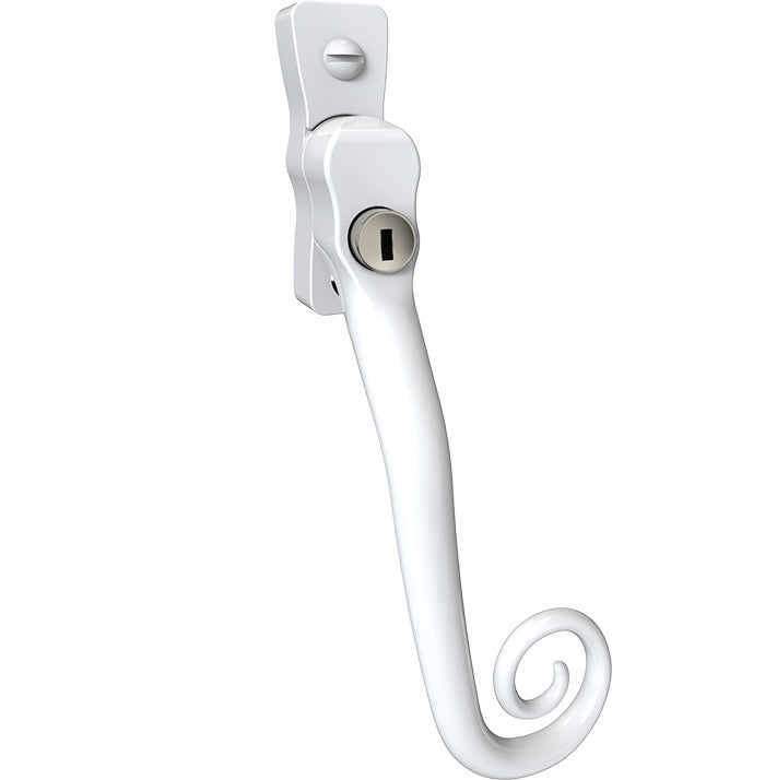 This is an image of Mila Heritage Monkey Tail Casement Handle White Right hand - CB-CB700102 available from T.H. Wiggans Ironmongery Ltd in Kendal.