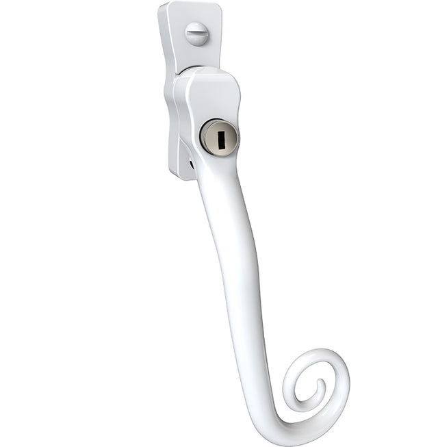 This is an image of Mila Heritage Monkey Tail Casement Handle White Right hand - CB-CB700102 available from T.H. Wiggans Ironmongery Ltd in Kendal.