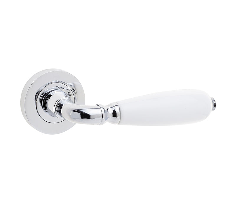 This is an image showing the Frelan - Oxford Handle on Rose Polished Chrome & White Porcelain available to order from T.H. Wiggans Ironmongery in Kendal