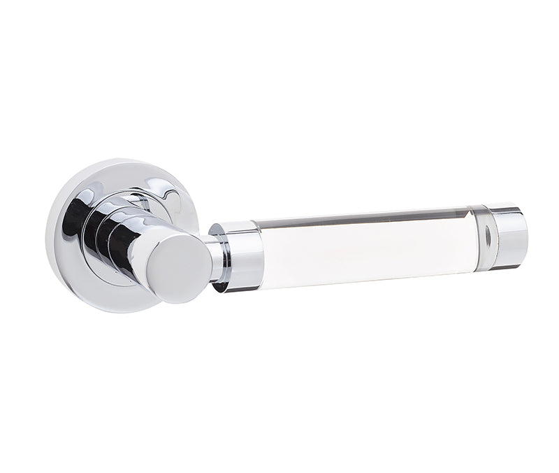 This is an image showing the Frelan - Milo Door Handle on Rose Plain Glass/Polished Chrome available to order from T.H. Wiggans Ironmongery in Kendal