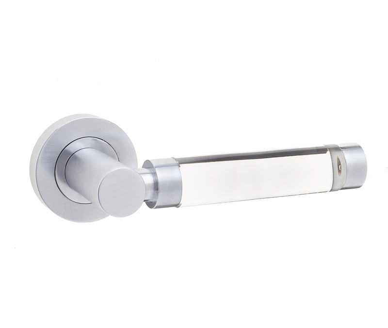 This is an image showing the Frelan - Milo Door Handle on Rose Plain Glass/Satin Chrome available to order from T.H. Wiggans Ironmongery in Kendal