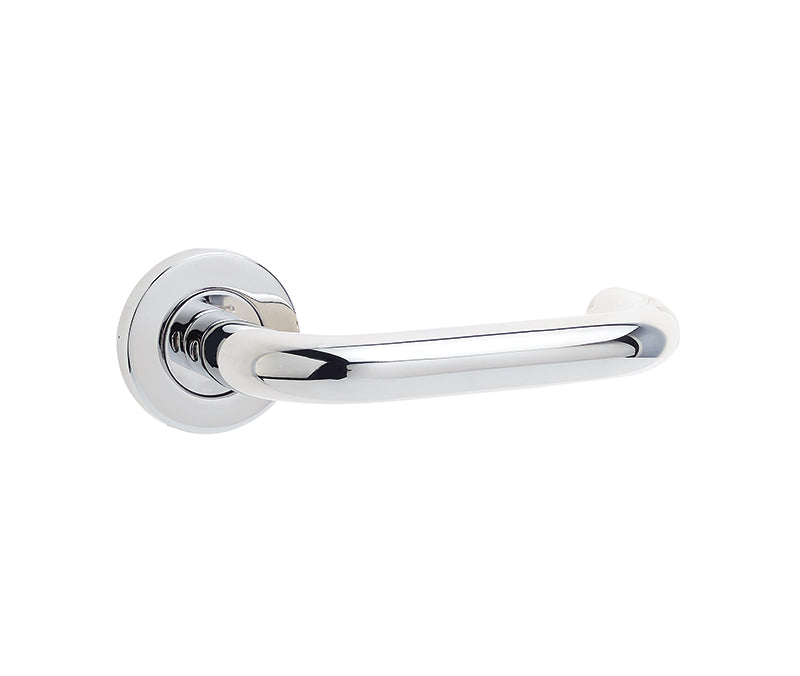 This is an image showing the Frelan - Orbit 19mm Lever on Sprung Round Rose - Grade 304 Polished Stainless St available to order from T.H. Wiggans Ironmongery in Kendal
