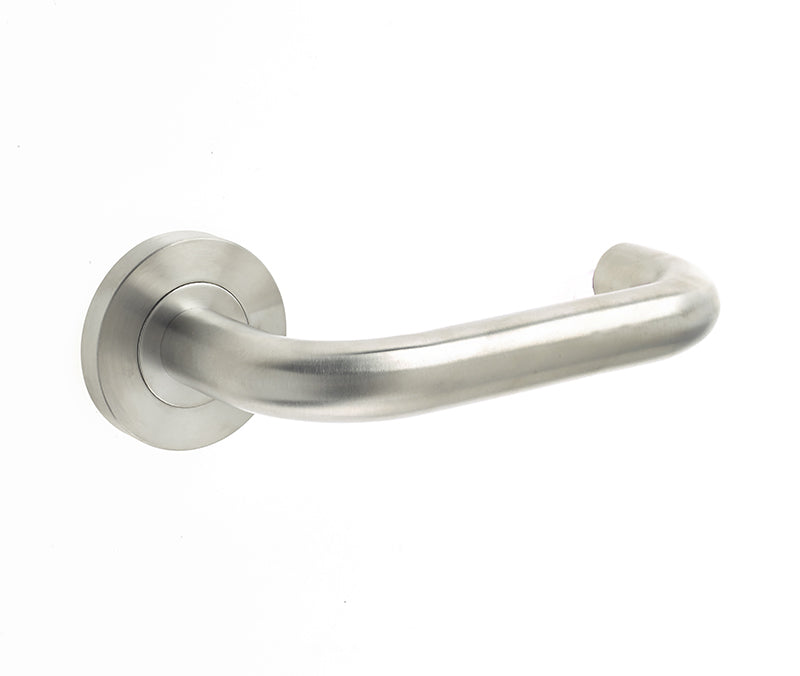 This is an image showing the Frelan - Orbit 19mm Lever on Sprung Round Rose - Grade 304 Satin Stainless Steel available to order from T.H. Wiggans Ironmongery in Kendal