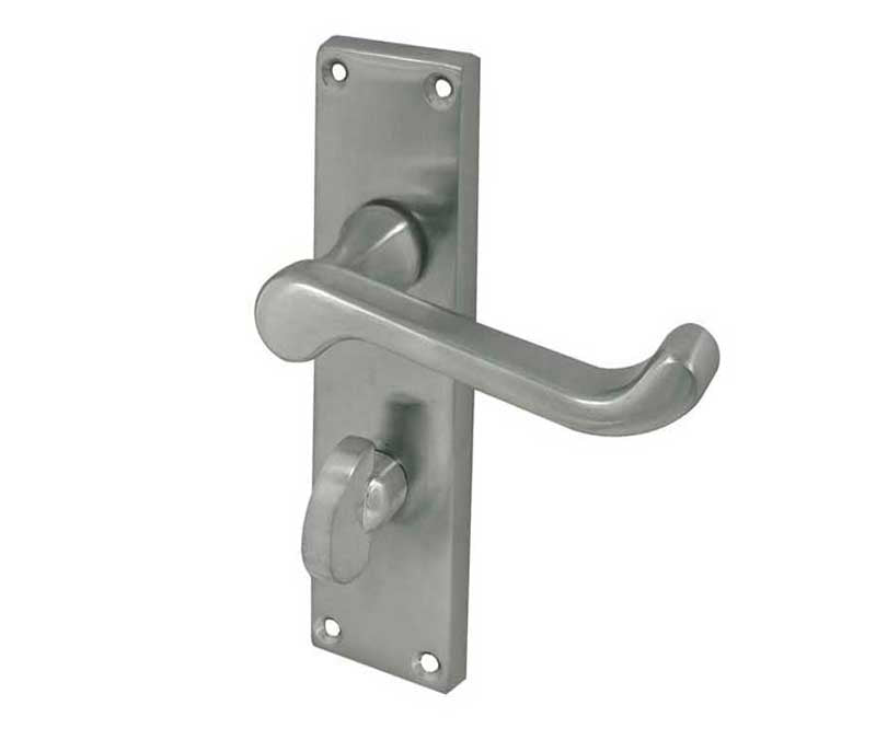 This is an image showing the Frelan - Victorian Scroll Door Handle on Bathroom Plate Satin Chrome available to order from T.H. Wiggans Ironmongery in Kendal