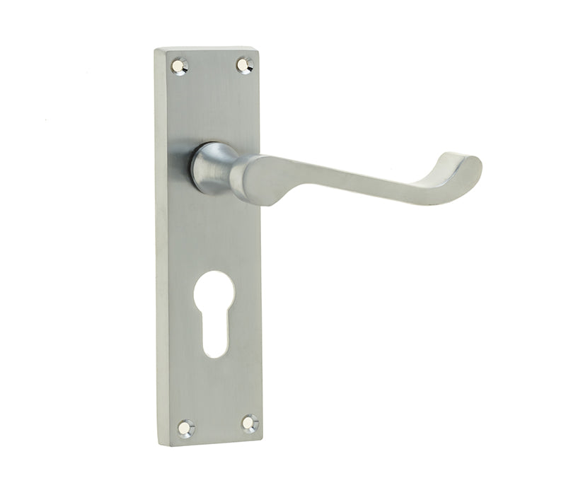 This is an image showing the Frelan - Victorian Scroll Door Handle on Euro Profile Lockplate Satin Chrome available to order from T.H. Wiggans Ironmongery in Kendal