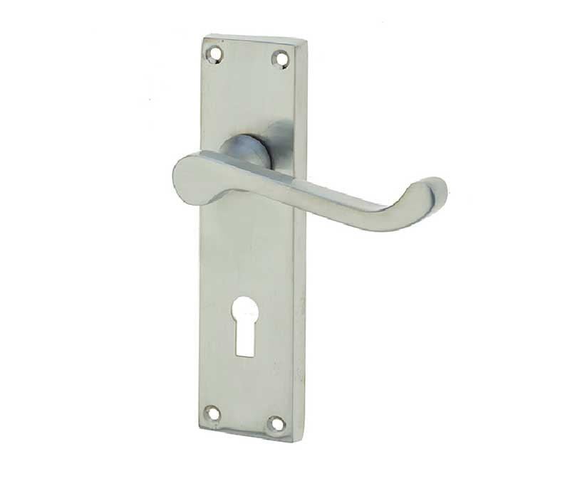 This is an image showing the Frelan - Victorian Scroll Door Handle on Lockplate Satin Chrome available to order from T.H. Wiggans Ironmongery in Kendal