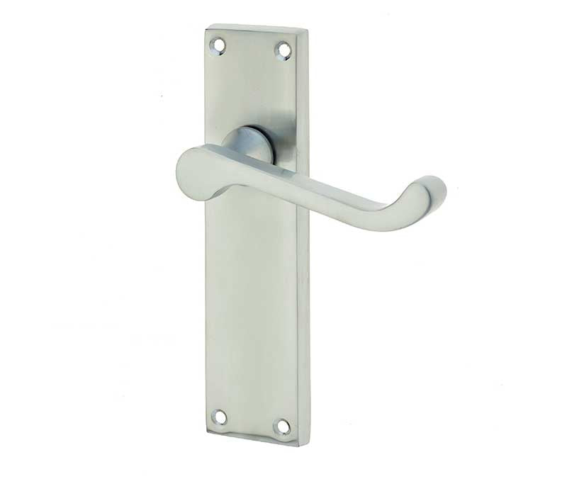 This is an image showing the Frelan - Victorian Scroll Door Handle on Long Latchset Plate Satin Chrome available to order from T.H. Wiggans Ironmongery in Kendal