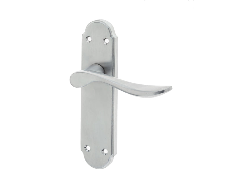 This is an image showing the Frelan - Henley Lever Latch Handles on Backplate - Satin Chrome available to order from T.H. Wiggans Ironmongery in Kendal