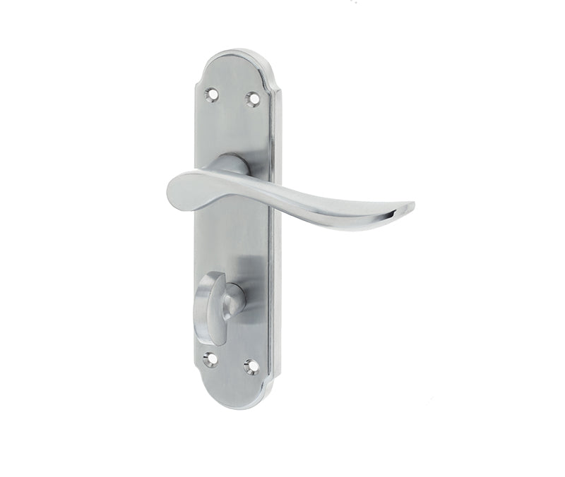 This is an image showing the Frelan - Henley Bathroom Lock Handles on Backplate - Satin Chrome available to order from T.H. Wiggans Ironmongery in Kendal