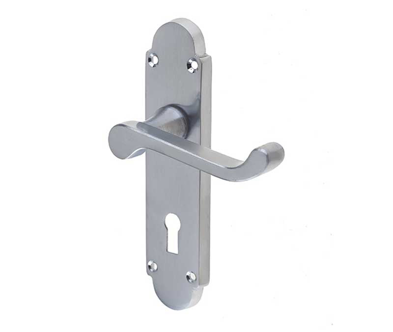 This is an image showing the Frelan - Epsom Standard Lock Handles on Backplates - Satin Chrome available to order from T.H. Wiggans Ironmongery in Kendal