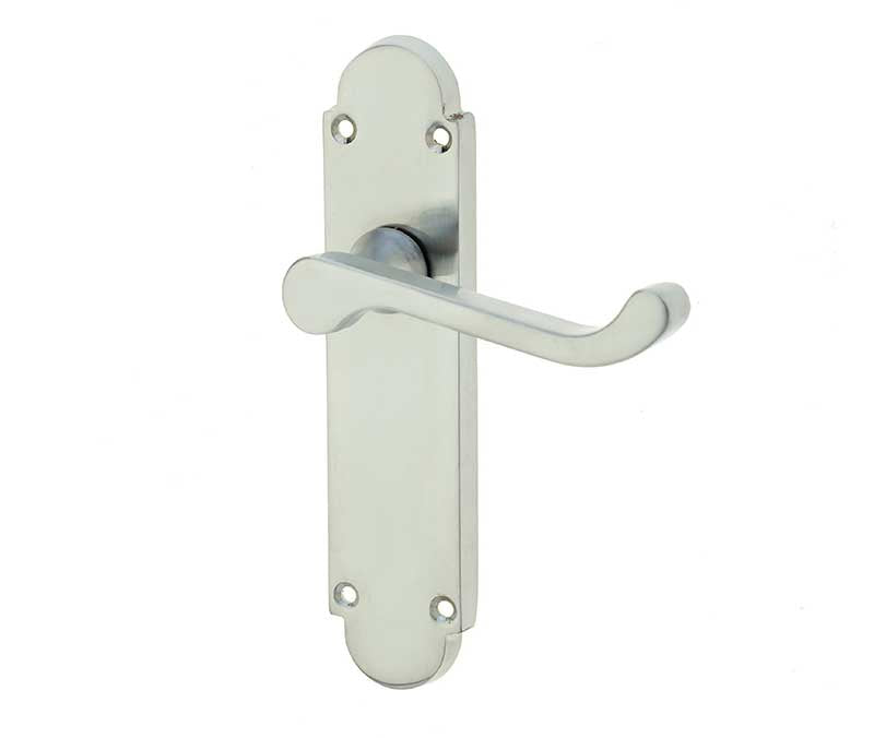 This is an image showing the Frelan - Epsom Lever Latch Handles on Backplates - Satin Chrome available to order from T.H. Wiggans Ironmongery in Kendal