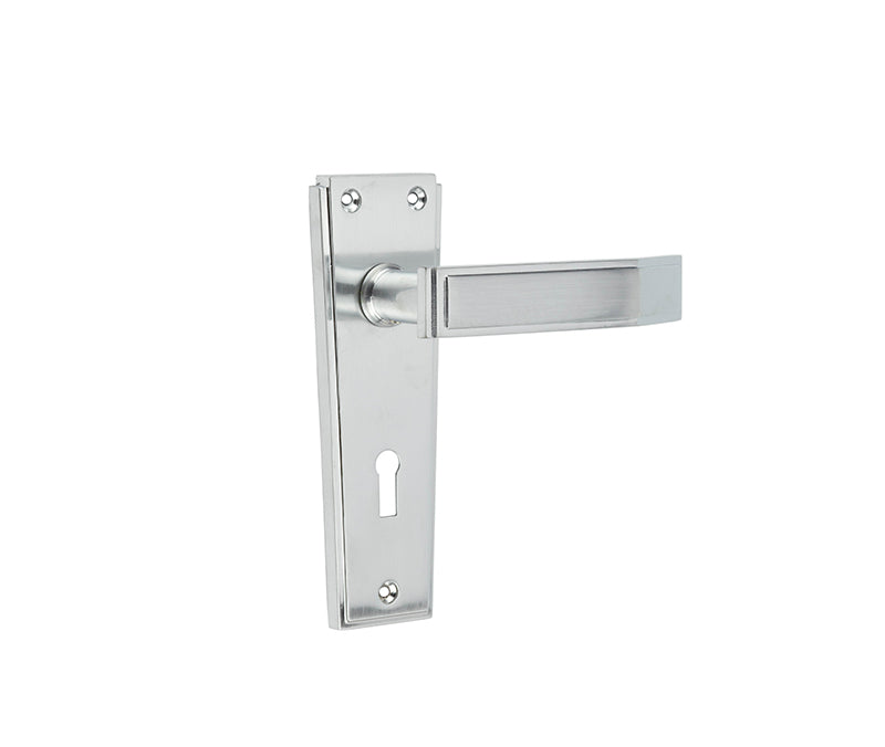 This is an image showing the Frelan - Deco Standard Lever Lock Handles on Backplates - Satin Chrome available to order from T.H. Wiggans Ironmongery in Kendal