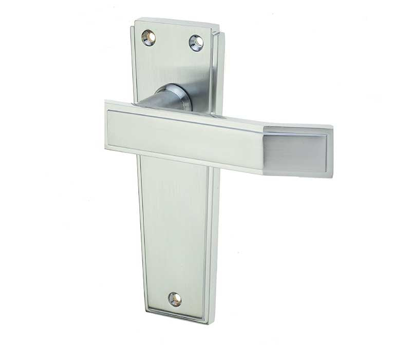 This is an image showing the Frelan - Deco Lever Latch Handles on Backplates - Satin Chrome available to order from T.H. Wiggans Ironmongery in Kendal