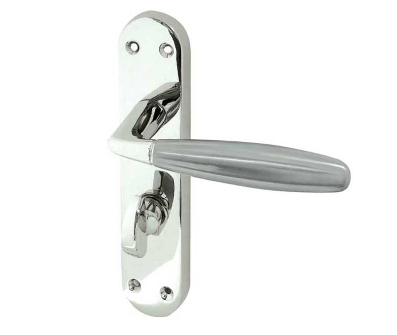 This is an image showing the Frelan - Stylo Bathroom Lock Handles on Backplate - Polished Chrome/Satin Chrome available to order from T.H. Wiggans Ironmongery in Kendal