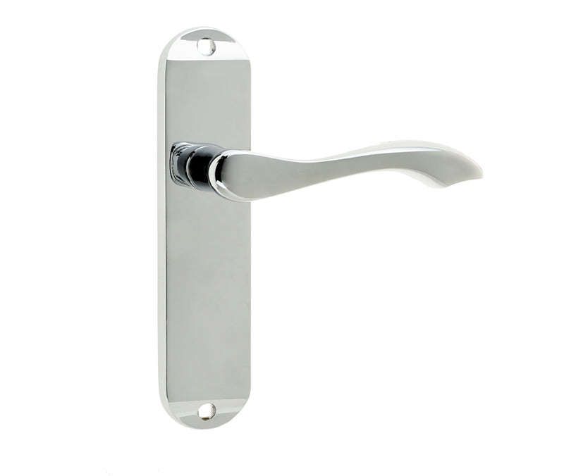 This is an image showing the Frelan - Broadway Lever Latch Handles on Backplates - Polished Chrome available to order from T.H. Wiggans Ironmongery in Kendal
