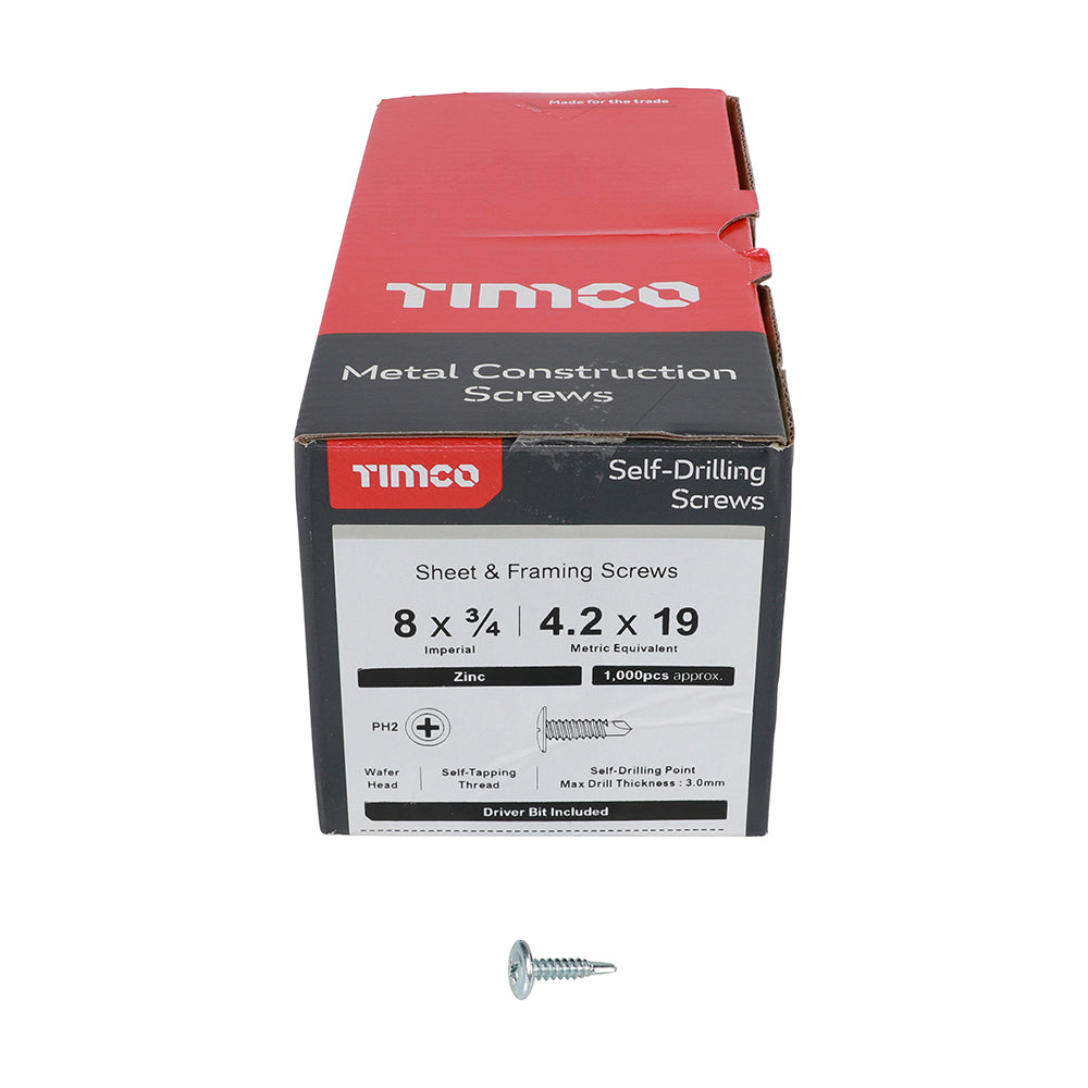 This is an image showing TIMCO Metal Construction Sheet & Framing Screws - PH - Wafer - Self-Drilling - Zinc - 4.2 x 19 - 1000 Pieces Box available from T.H Wiggans Ironmongery in Kendal, quick delivery at discounted prices.
