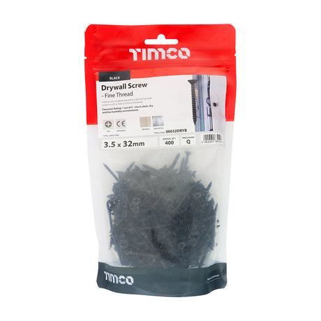 This is an image showing TIMCO Drywall Screws - Fine Thread - PH - Bugle - Black - 3.5 x 32 - 400 Pieces TIMbag available from T.H Wiggans Ironmongery in Kendal, quick delivery at discounted prices.