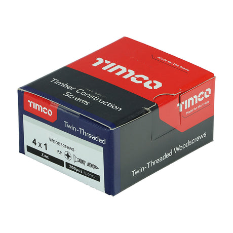 This is an image showing TIMCO Twin-Threaded Woodscrews - PZ - Double Countersunk - Zinc - 4 x 1 - 200 Pieces Box available from T.H Wiggans Ironmongery in Kendal, quick delivery at discounted prices.
