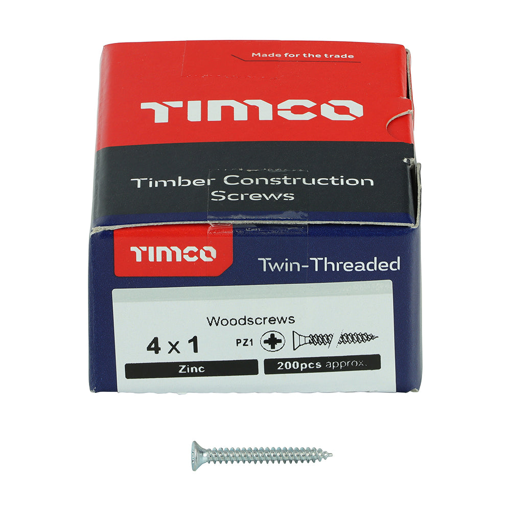 This is an image showing TIMCO Twin-Threaded Woodscrews - PZ - Double Countersunk - Zinc - 4 x 1 - 200 Pieces Box available from T.H Wiggans Ironmongery in Kendal, quick delivery at discounted prices.