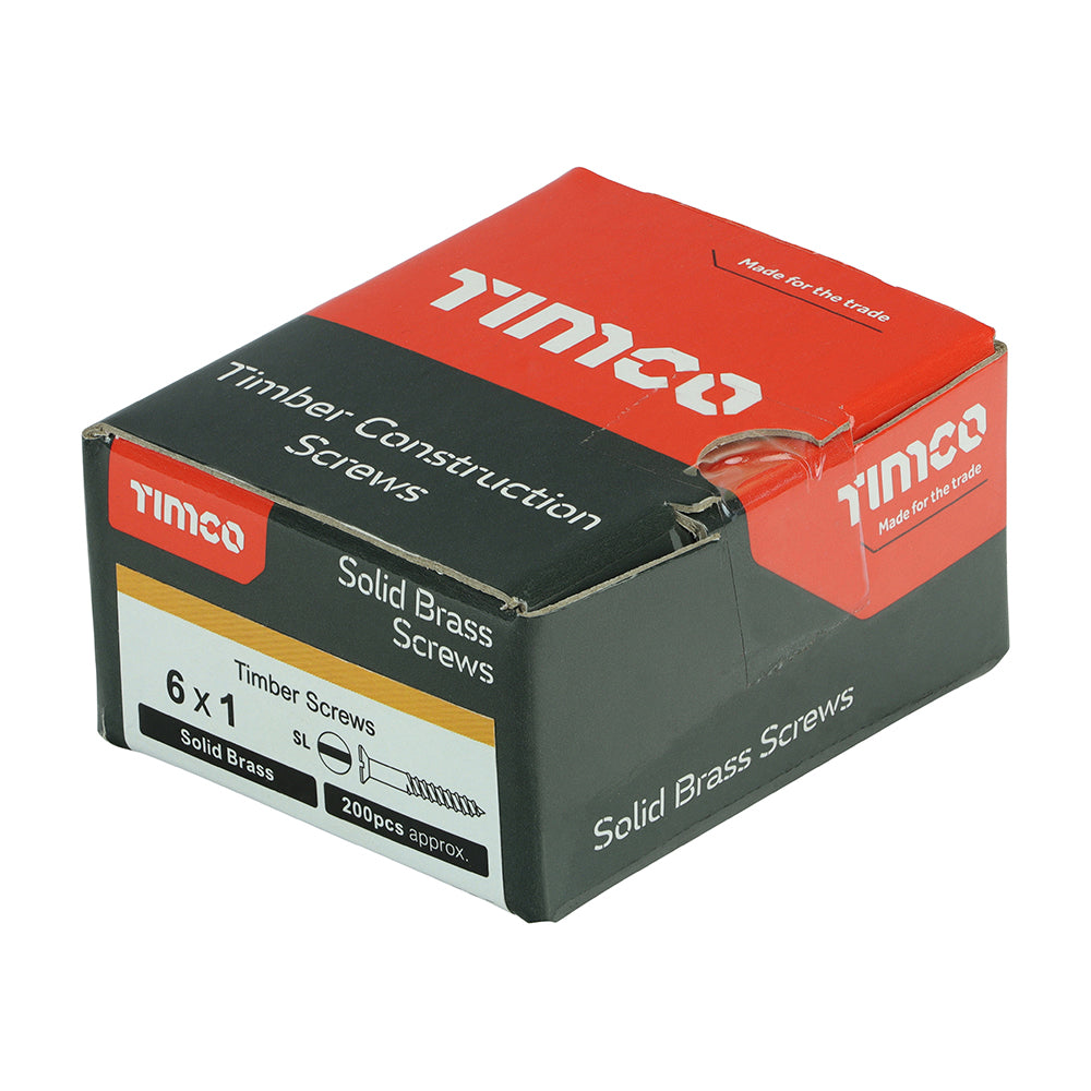 This is an image showing TIMCO Solid Brass Timber Screws - SLOT - Countersunk - 6 x 1 - 200 Pieces Box available from T.H Wiggans Ironmongery in Kendal, quick delivery at discounted prices.