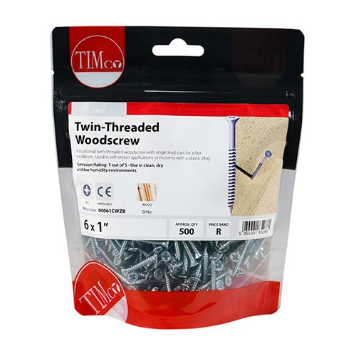 This is an image showing TIMCO Twin-Thread Woodscrews - PZ - Double Countersunk - Zinc - 6 x 1 - 500 Pieces TIMbag available from T.H Wiggans Ironmongery in Kendal, quick delivery at discounted prices.
