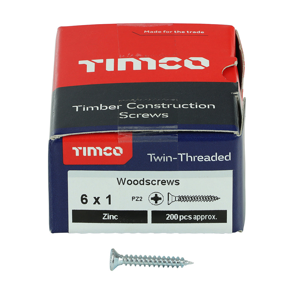 This is an image showing TIMCO Twin-Threaded Woodscrews - PZ - Double Countersunk - Zinc - 6 x 1 - 200 Pieces Box available from T.H Wiggans Ironmongery in Kendal, quick delivery at discounted prices.