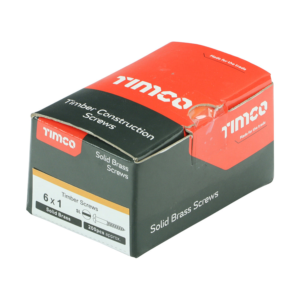 This is an image showing TIMCO Solid Brass Timber Screws - SLOT - Round - 6 x 1 - 200 Pieces Box available from T.H Wiggans Ironmongery in Kendal, quick delivery at discounted prices.