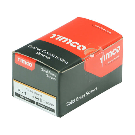 This is an image showing TIMCO Solid Brass Timber Screws - SLOT - Raised Countersunk - 6 x 1 - 200 Pieces Box available from T.H Wiggans Ironmongery in Kendal, quick delivery at discounted prices.