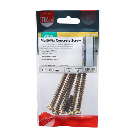 This is an image showing TIMCO Concrete Screws - TX - Flat Countersunk - Yellow - 7.5 x 70 - 5 Pieces TIMpac available from T.H Wiggans Ironmongery in Kendal, quick delivery at discounted prices.