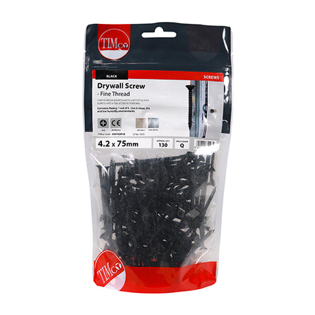 This is an image showing TIMCO Drywall Screws - Fine Thread - PH - Bugle - Black - 4.2 x 75 - 130 Pieces TIMbag available from T.H Wiggans Ironmongery in Kendal, quick delivery at discounted prices.