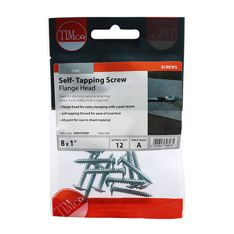 This is an image showing TIMCO Self-Tapping Screws - PZ - Flange Head - Zinc - 8 x 1 - 12 Pieces TIMpac available from T.H Wiggans Ironmongery in Kendal, quick delivery at discounted prices.