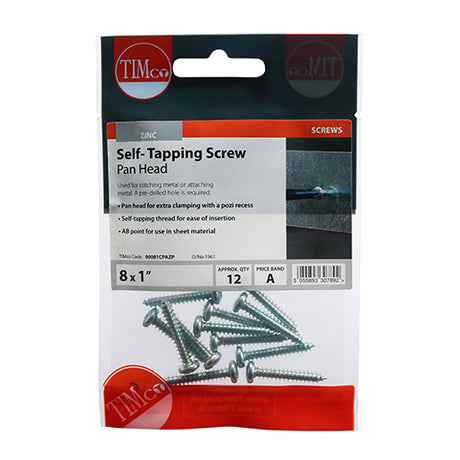 This is an image showing TIMCO Self-Tapping Screws - PZ - Pan - Zinc - 8 x 1 - 12 Pieces TIMpac available from T.H Wiggans Ironmongery in Kendal, quick delivery at discounted prices.
