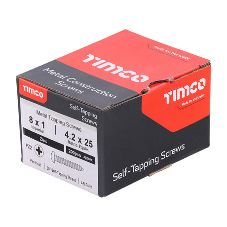This is an image showing TIMCO Self-Tapping Screws - PZ - Pan - Zinc - 8 x 1 - 200 Pieces Box available from T.H Wiggans Ironmongery in Kendal, quick delivery at discounted prices.