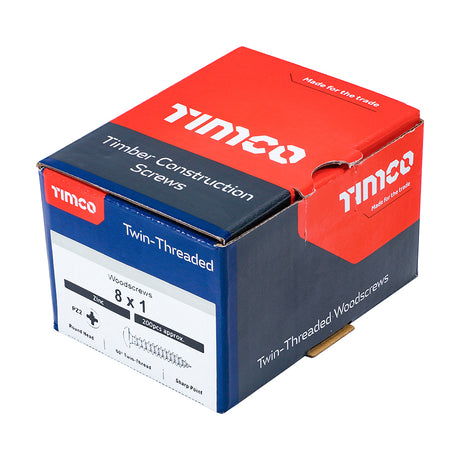 This is an image showing TIMCO Twin-Threaded Woodscrews - PZ - Round - Zinc - 8 x 1 - 200 Pieces Box available from T.H Wiggans Ironmongery in Kendal, quick delivery at discounted prices.