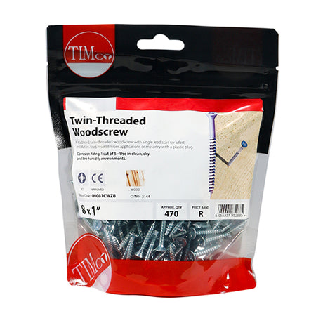 This is an image showing TIMCO Twin-Thread Woodscrews - PZ - Double Countersunk - Zinc - 8 x 1 - 470 Pieces TIMbag available from T.H Wiggans Ironmongery in Kendal, quick delivery at discounted prices.