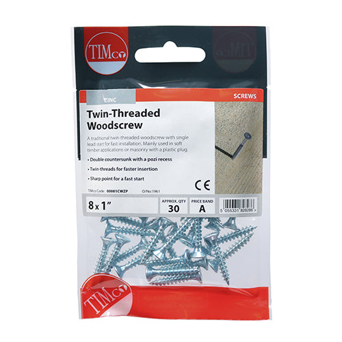 This is an image showing TIMCO Twin-Thread Woodscrews - PZ - Double Countersunk - Zinc - 8 x 1 - 30 Pieces TIMpac available from T.H Wiggans Ironmongery in Kendal, quick delivery at discounted prices.