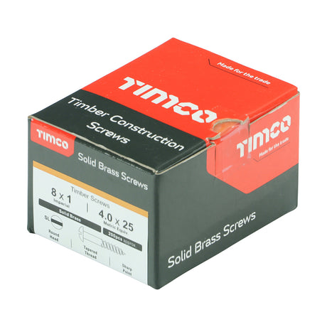 This is an image showing TIMCO Solid Brass Timber Screws - SLOT - Round - 8 x 1 - 200 Pieces Box available from T.H Wiggans Ironmongery in Kendal, quick delivery at discounted prices.