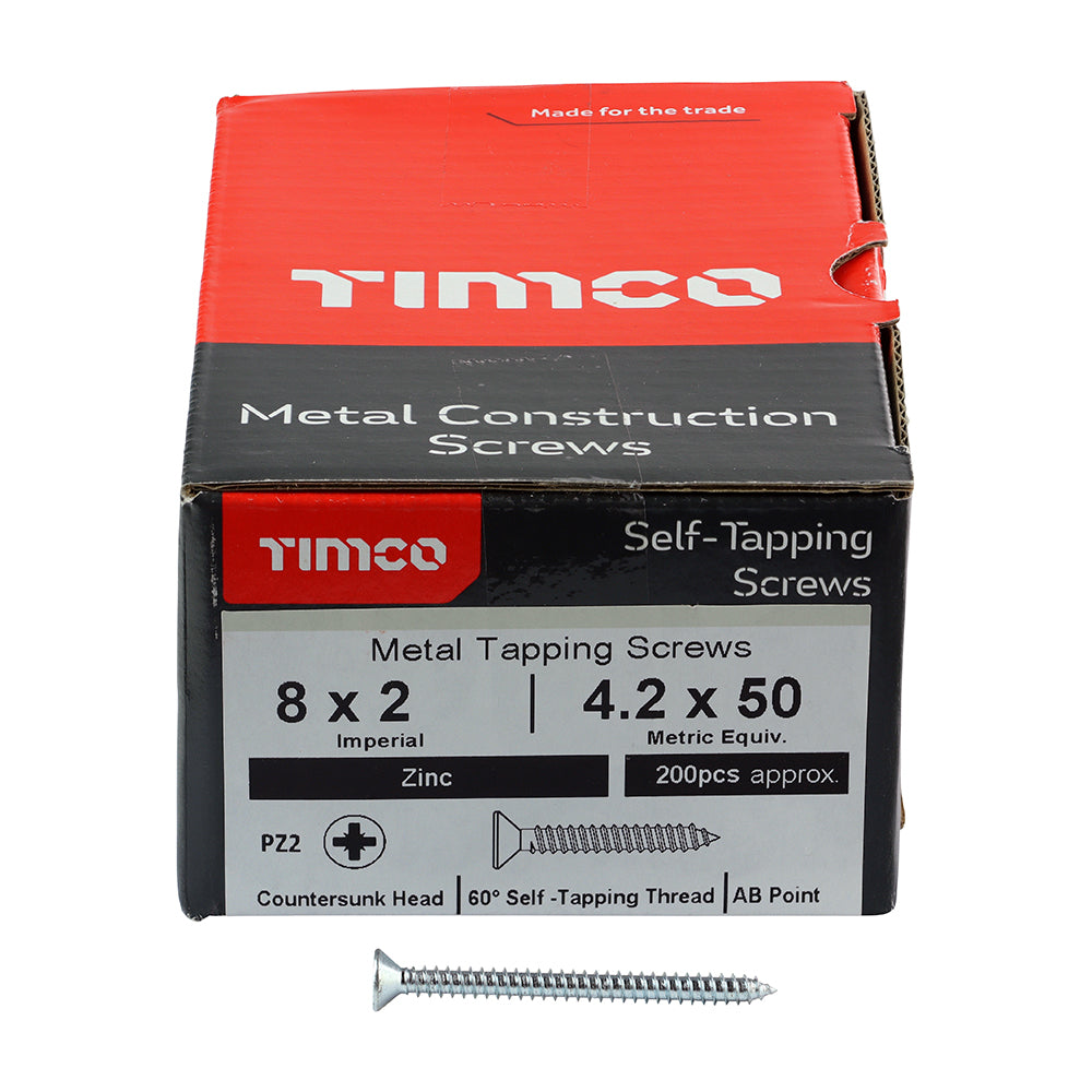 This is an image showing TIMCO Self-Tapping Screws - PZ - Countersunk - Zinc - 8 x 2 - 200 Pieces Box available from T.H Wiggans Ironmongery in Kendal, quick delivery at discounted prices.