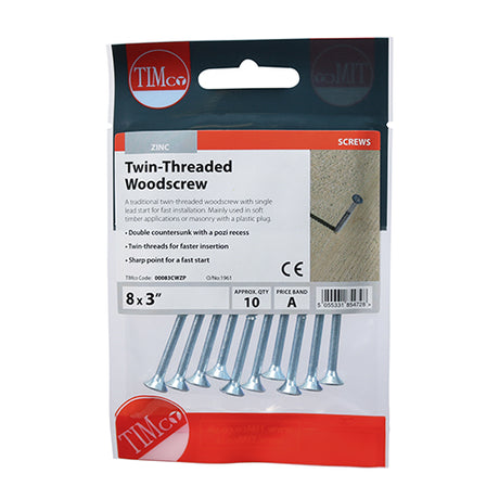 This is an image showing TIMCO Twin-Thread Woodscrews - PZ - Double Countersunk - Zinc - 8 x 3 - 10 Pieces TIMpac available from T.H Wiggans Ironmongery in Kendal, quick delivery at discounted prices.