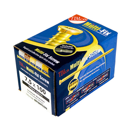 This is an image showing TIMCO Concrete Screws - TX - Flat Countersunk - Yellow - 7.5 x 90 - 100 Pieces Box available from T.H Wiggans Ironmongery in Kendal, quick delivery at discounted prices.