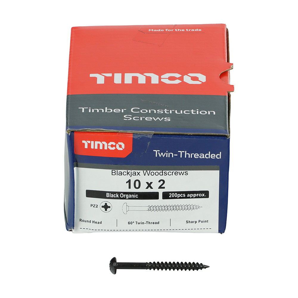 This is an image showing TIMCO Blackjax Woodscrews - PZ - Round - Black Organic - 10 x 2 - 200 Pieces Box available from T.H Wiggans Ironmongery in Kendal, quick delivery at discounted prices.