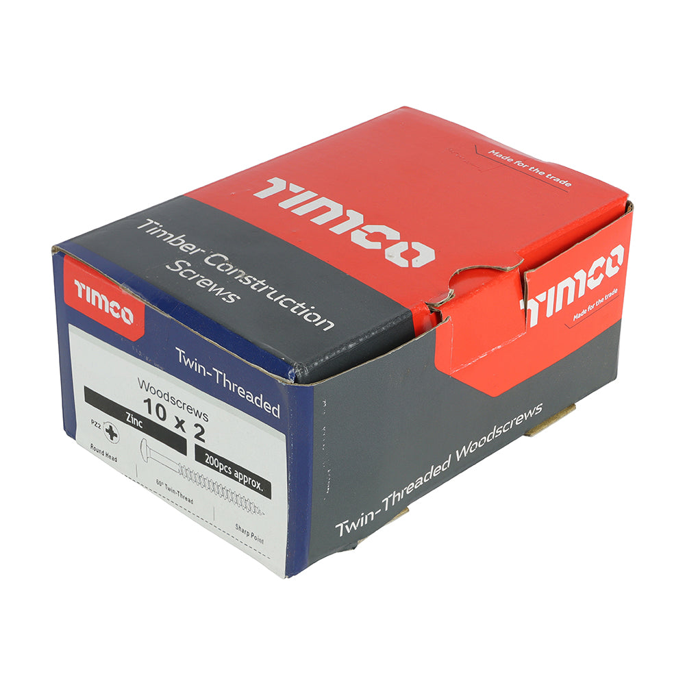 This is an image showing TIMCO Twin-Threaded Woodscrews - PZ - Round - Zinc - 10 x 2 - 200 Pieces Box available from T.H Wiggans Ironmongery in Kendal, quick delivery at discounted prices.
