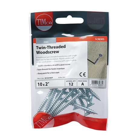 This is an image showing TIMCO Twin-Thread Woodscrews - PZ - Double Countersunk - Zinc - 10 x 2 - 12 Pieces TIMpac available from T.H Wiggans Ironmongery in Kendal, quick delivery at discounted prices.