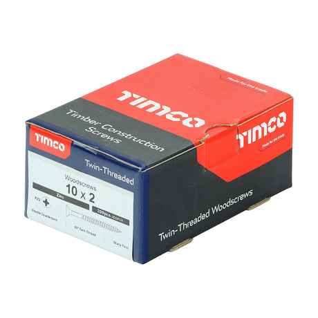 This is an image showing TIMCO Twin-Threaded Woodscrews - PZ - Double Countersunk - Zinc - 10 x 2 - 200 Pieces Box available from T.H Wiggans Ironmongery in Kendal, quick delivery at discounted prices.