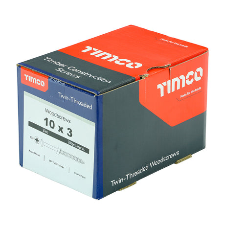 This is an image showing TIMCO Twin-Threaded Woodscrews - PZ - Round - Zinc - 10 x 3 - 200 Pieces Box available from T.H Wiggans Ironmongery in Kendal, quick delivery at discounted prices.