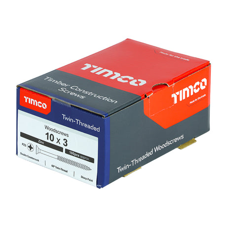 This is an image showing TIMCO Twin-Threaded Woodscrews - PZ - Double Countersunk - Zinc - 10 x 3 - 100 Pieces Box available from T.H Wiggans Ironmongery in Kendal, quick delivery at discounted prices.