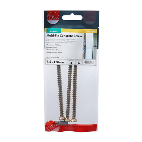 This is an image showing TIMCO Concrete Screws - TX - Flat Countersunk - Yellow - 7.5 x 120 - 3 Pieces TIMpac available from T.H Wiggans Ironmongery in Kendal, quick delivery at discounted prices.