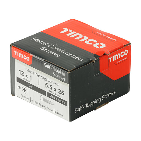 This is an image showing TIMCO Metal Tapping Screws - PZ - Pan - Self-Tapping - Zinc - 12 x 1 - 200 Pieces Box available from T.H Wiggans Ironmongery in Kendal, quick delivery at discounted prices.
